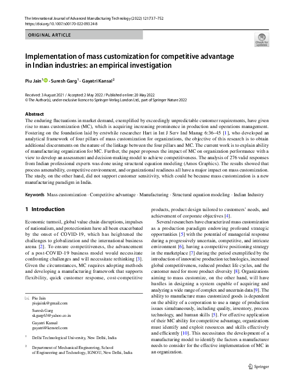 (PDF) Implementation of mass customization for competitive advantage in ...