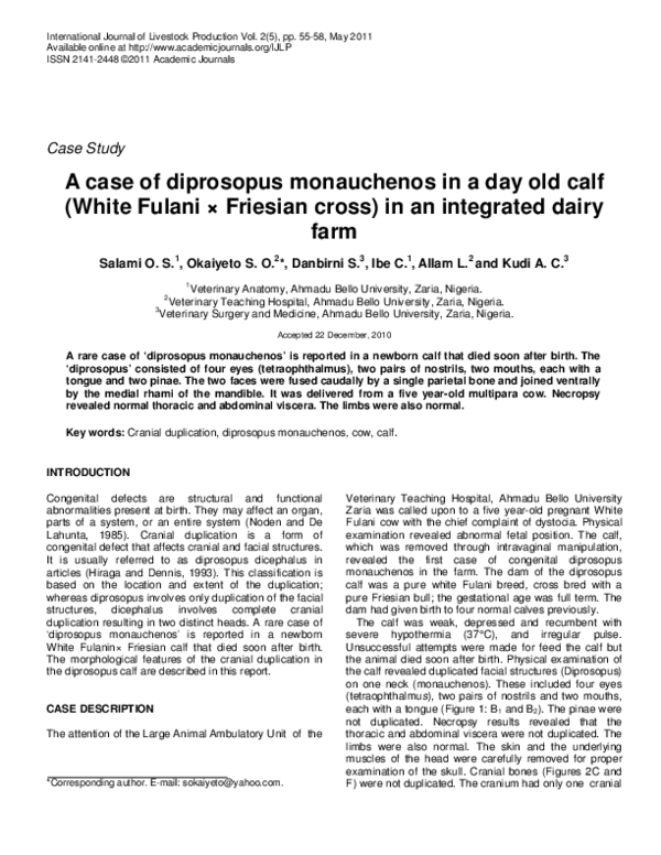(PDF) A case of diprosopus monauchenos in a day old calf (White Fulani ...