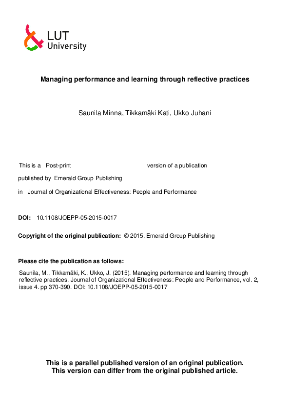 (PDF) Managing performance and learning through reflective practices