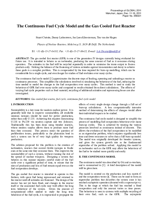 (PDF) The Continuous Fuel Cycle Model and the Gas Cooled Fast Reactor
