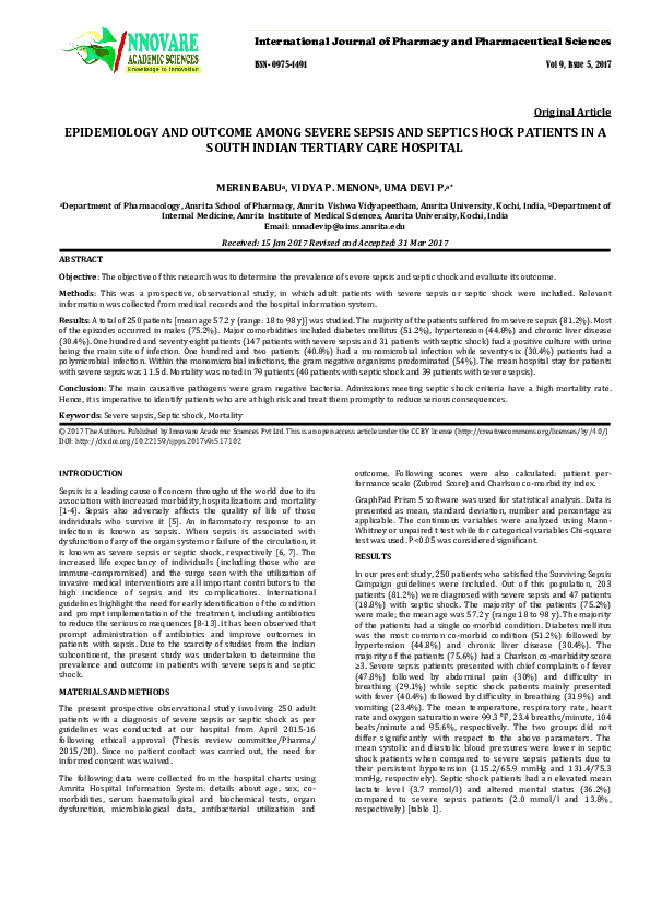 (PDF) EPIDEMIOLOGY AND OUTCOME AMONG SEVERE SEPSIS AND SEPTIC SHOCK ...