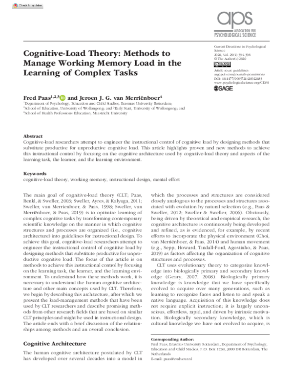 (PDF) Cognitive-Load Theory: Methods to Manage Working Memory Load in ...