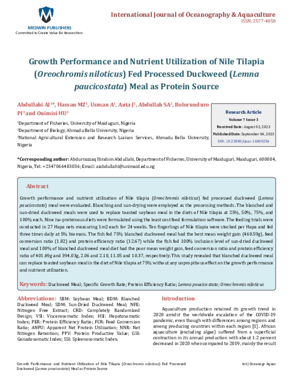 (PDF) Growth Performance and Nutrient Utilization of Nile Tilapia ...