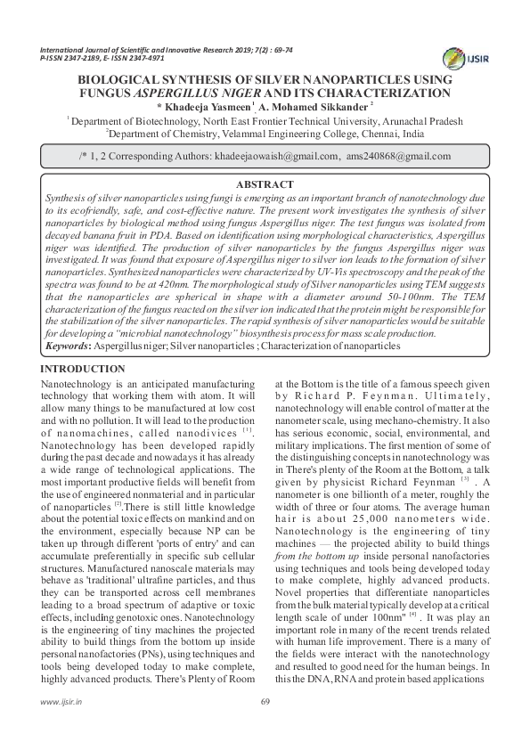 (PDF) BIOLOGICAL SYNTHESIS OF SILVER NANOPARTICLES USING FUNGUS ...