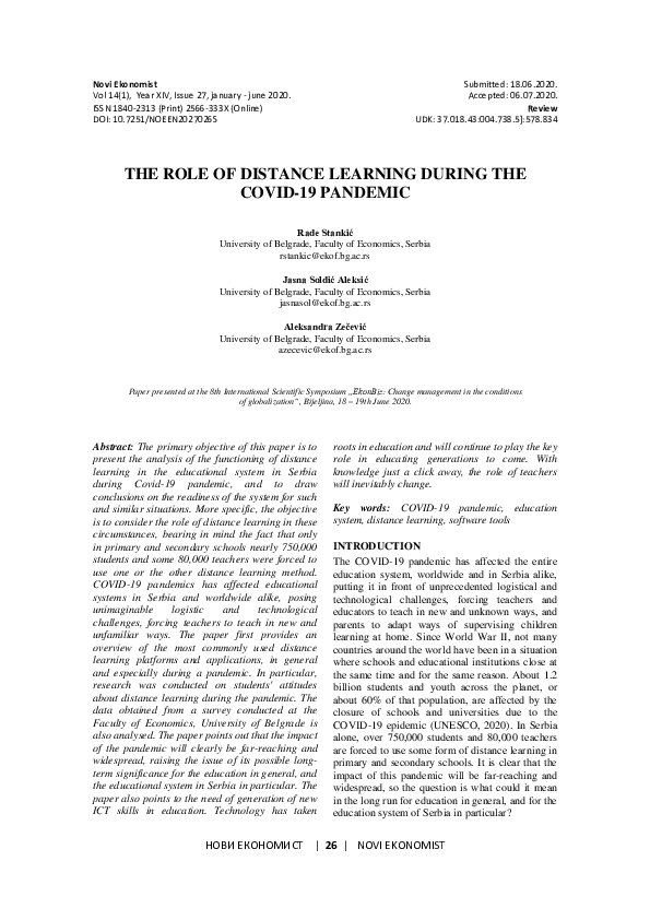 (PDF) The Role of Distance Learning During the COVID-19 Pandemic