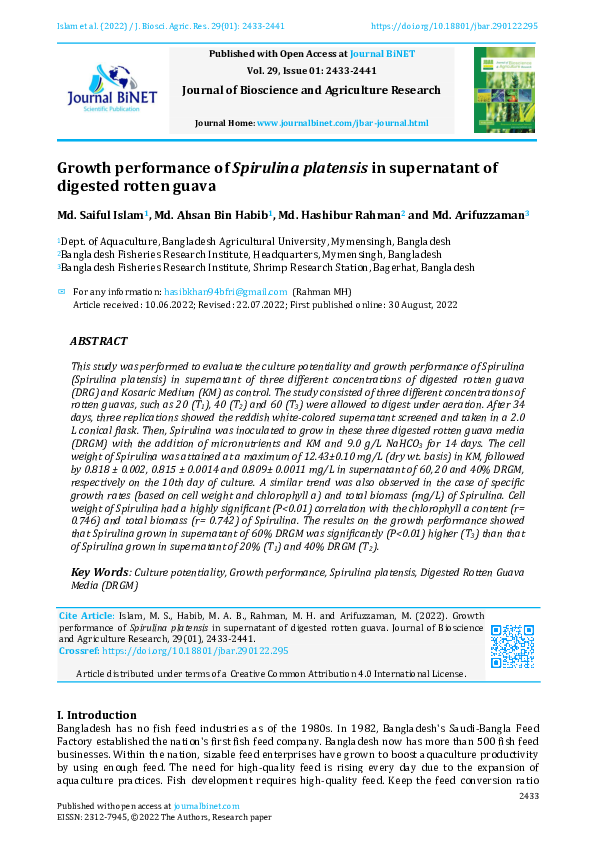 (PDF) Growth performance of Spirulina platensis in supernatant of ...
