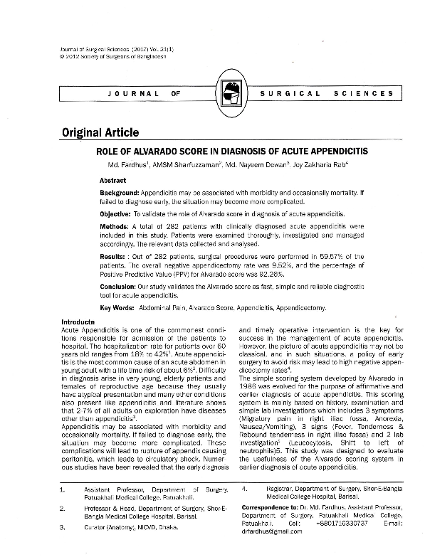 (PDF) Role of alvarado score in diagnosis of acute appendicitis ...