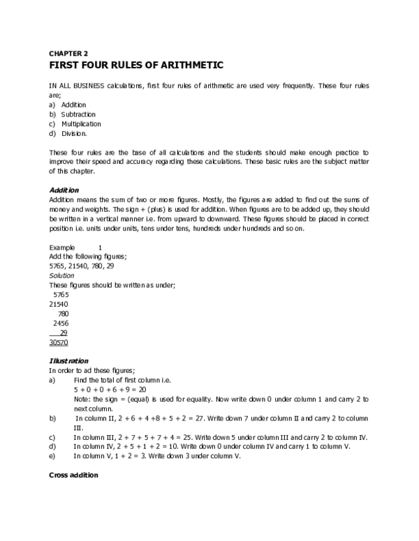(DOC) FIRST FOUR RULES OF ARITHMETIC