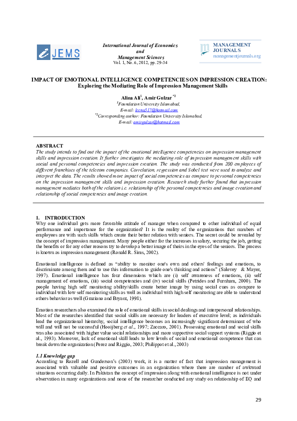 (PDF) IMPACT OF EMOTIONAL INTELLIGENCE COMPETENCIES ON IMPRESSION ...
