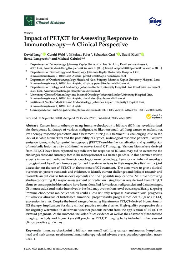 (PDF) Impact of PET/CT for Assessing Response to Immunotherapy—A ...