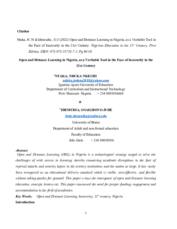 (DOC) Open and Distance Learning in Nigeria, as a Veritable Tool in the ...