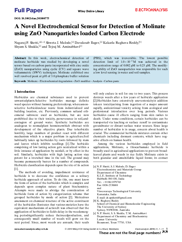 (PDF) A Novel Electrochemical Sensor for Detection of Molinate Using ...