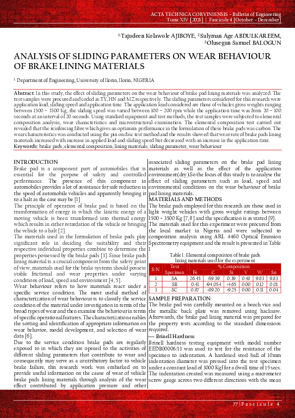 (PDF) Analysis of Sliding Parameters on Wear Behaviour of Brake Lining ...