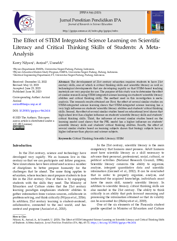 (PDF) Effect of STEM Integrated Science Learning on Scientific Literacy ...