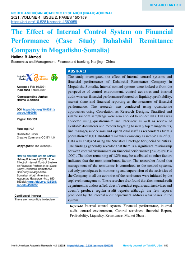 (PDF) The Effect of Internal Control System on Financial Performance ...