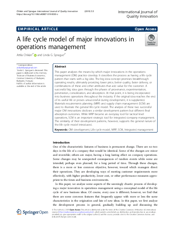 (PDF) A life cycle model of major innovations in operations management