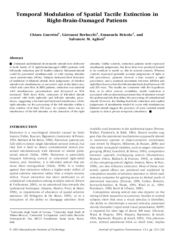 (PDF) Temporal Modulation of Spatial Tactile Extinction in Right-Brain ...
