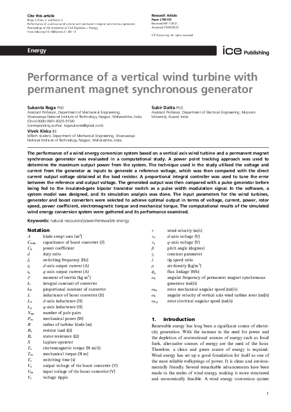 (PDF) Performance of a vertical wind turbine with permanent magnet ...