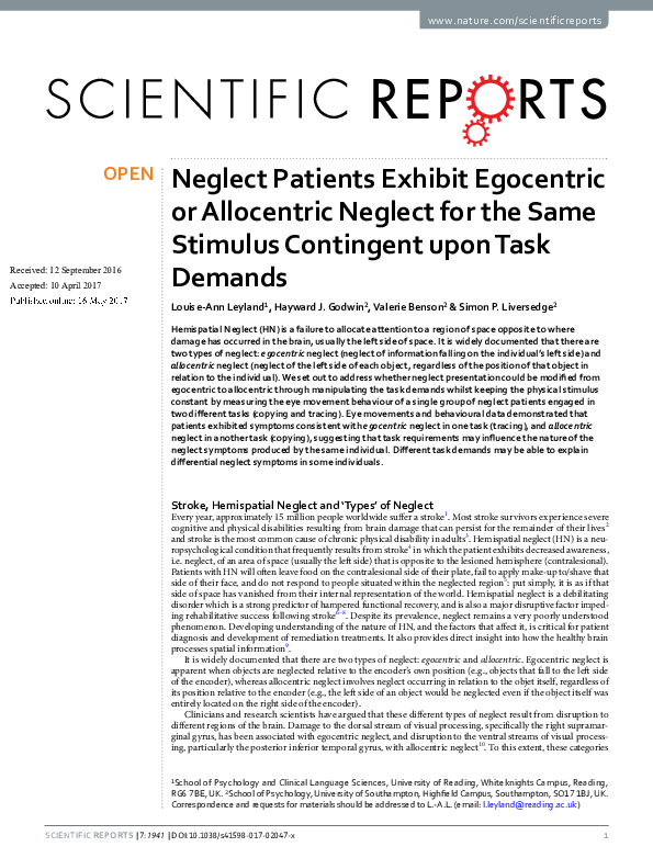 (PDF) Neglect Patients Exhibit Egocentric or Allocentric Neglect for ...