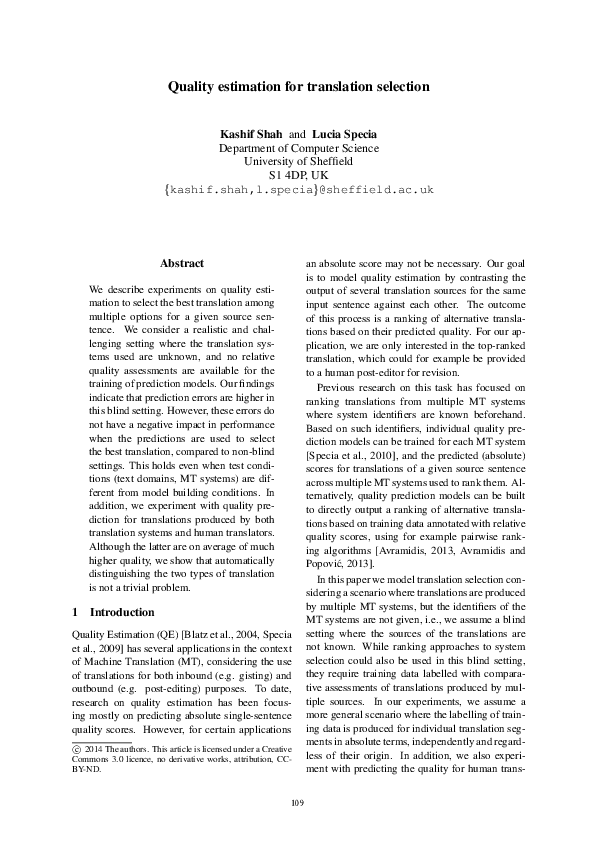 (PDF) Quality estimation for translation selection