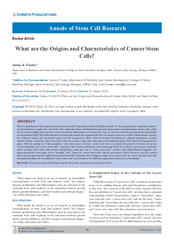 (PDF) What are the Origins and Characteristics of Cancer Stem Cells?