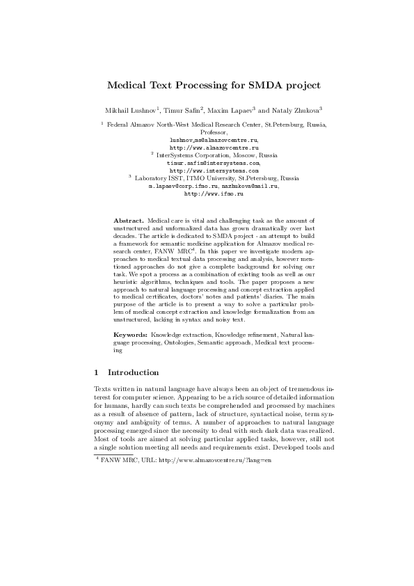 (PDF) Medical Text Processing for SMDA project