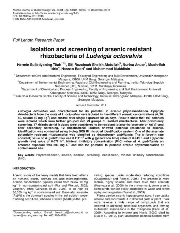 (PDF) Isolation and screening of arsenic resistant rhizobacteria of ...