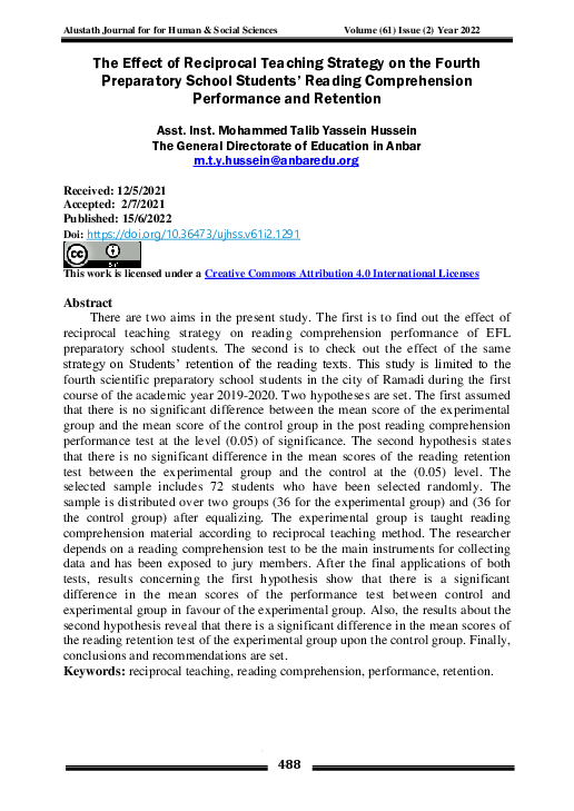 (PDF) The Effect of Reciprocal Teaching Strategy on the Fourth ...