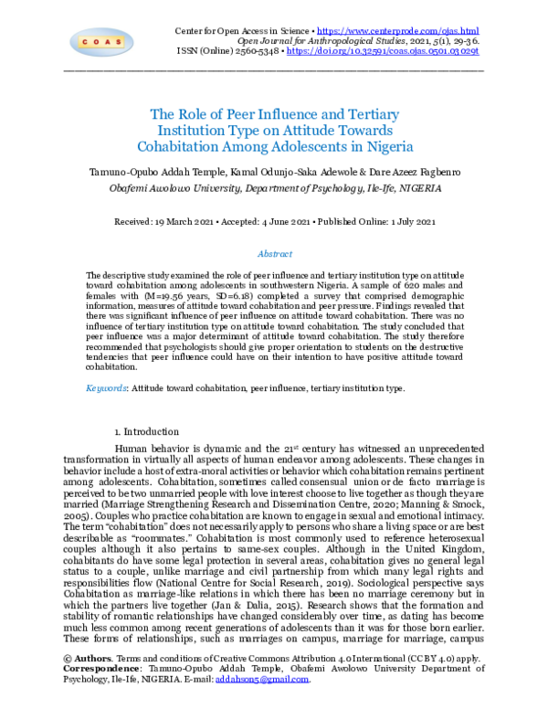 (PDF) The Role of Peer Influence and Tertiary Institution Type on ...
