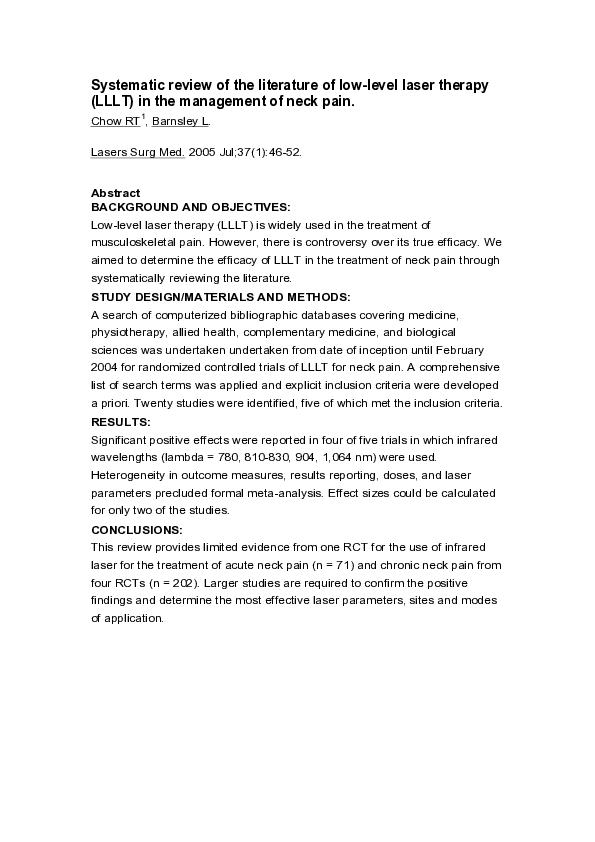 (PDF) Systematic review of the literature of lowlevel laser therapy