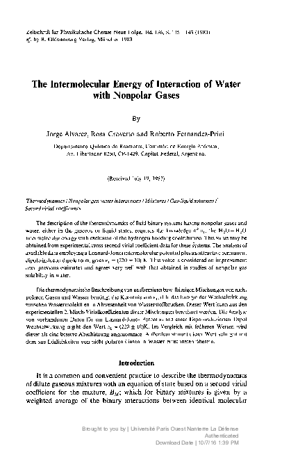 (PDF) The Intermolecular Energy of Interaction of Water with Nonpolar Gases