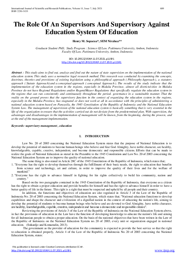 (PDF) The Role Of An Supervisors And Supervisory Against Education ...