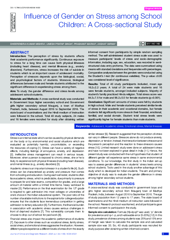 (PDF) Influence of Gender on Stress among School Children: A Cross ...