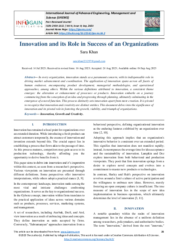 (PDF) Innovation and its Role in Success of an Organizations