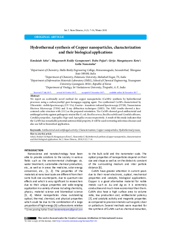 (PDF) Hydrothermal synthesis of Copper nanoparticles, characterization ...