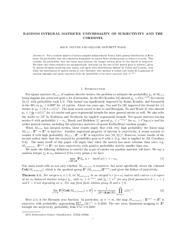 (PDF) Random integral matrices: universality of surjectivity and the ...
