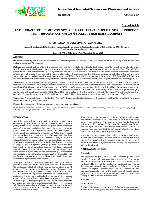 (PDF) ANTIFEEDANT EFFECTS OF VITEX NEGUNDO L. LEAF EXTRACTS ON THE ...
