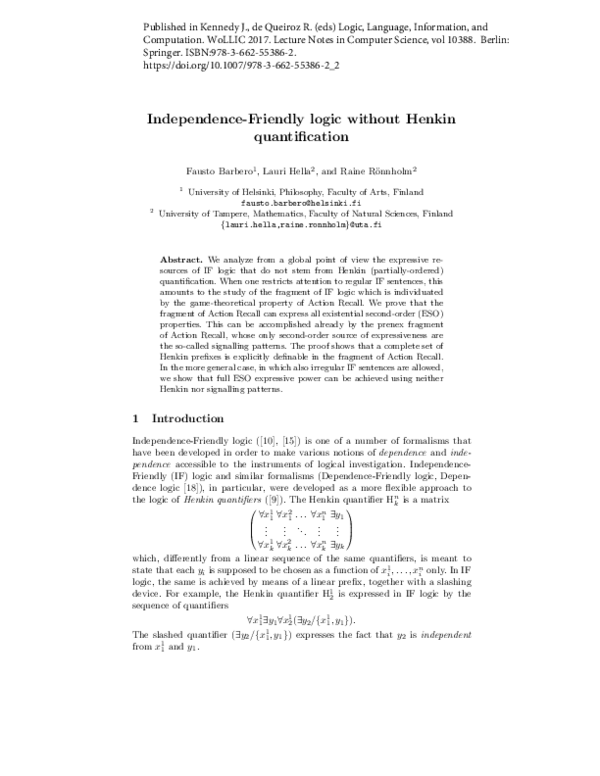 (PDF) Independence-Friendly Logic Without Henkin Quantification