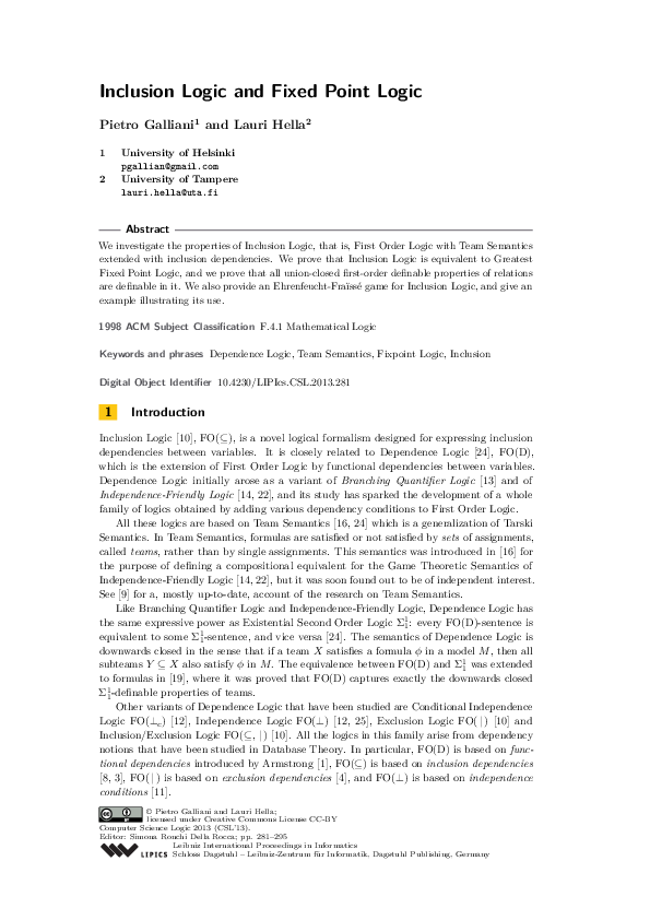 (PDF) Inclusion Logic and Fixed Point Logic