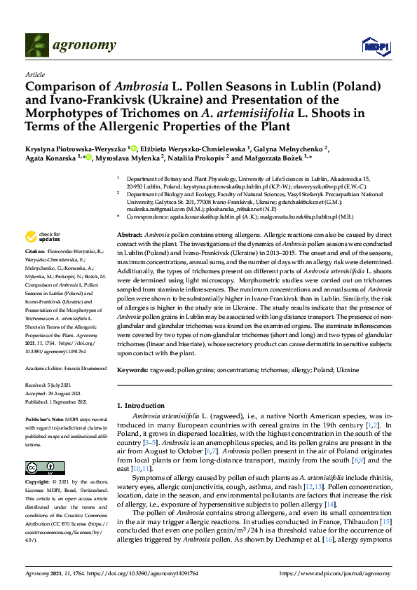 (PDF) Comparison of Ambrosia L. Pollen Seasons in Lublin (Poland) and ...
