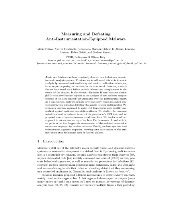 (PDF) Measuring and Defeating Anti-Instrumentation-Equipped Malware
