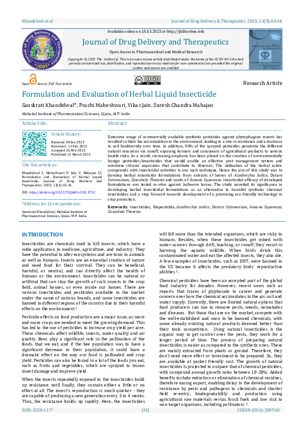 (PDF) Formulation and Evaluation of Herbal Liquid Insecticide