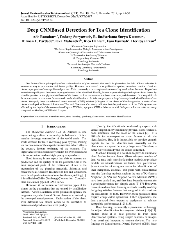 Deep CNNBased Detection for Tea Clone Identification