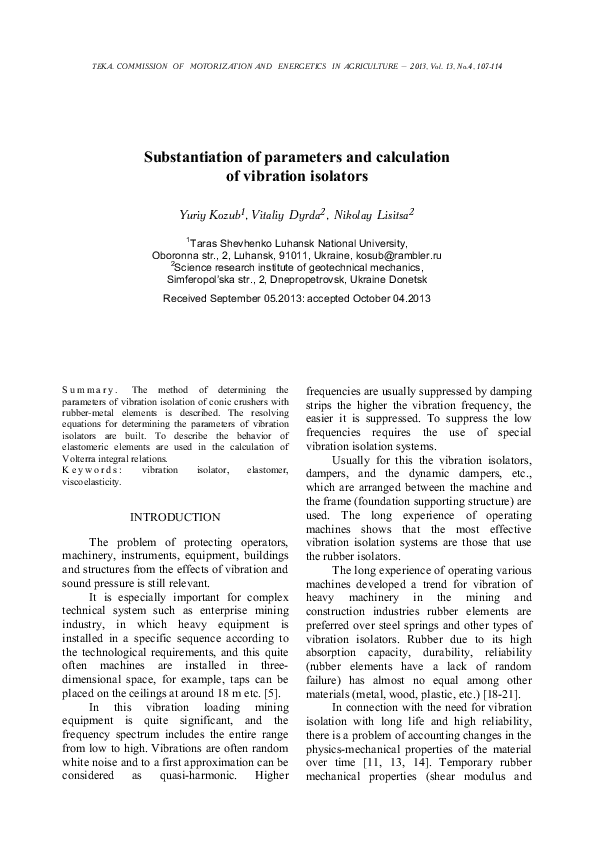 (PDF) Substantiation of parameters and calculation of vibration isolators