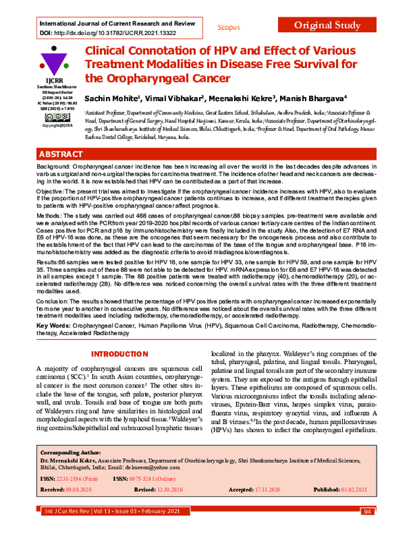 (PDF) Clinical Connotation of HPV and Effect of Various Treatment ...