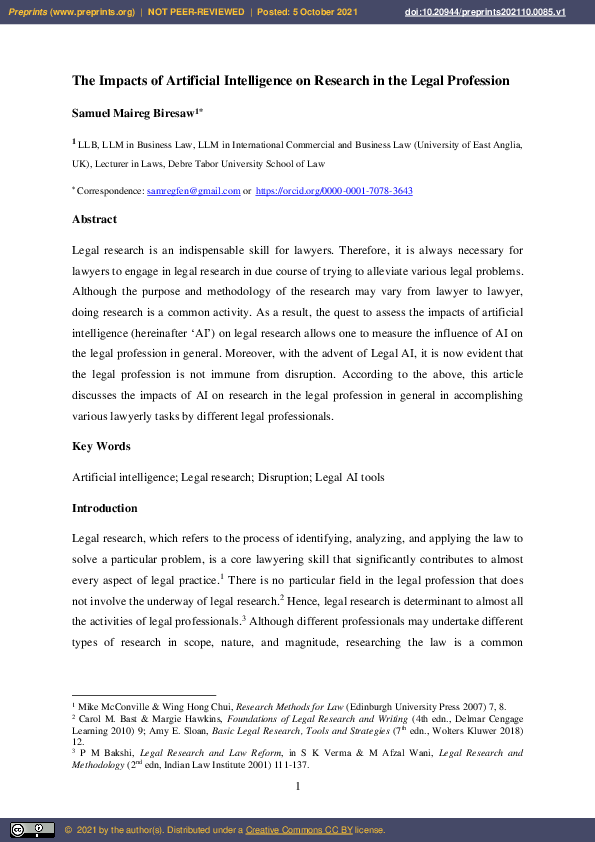 (PDF) The Impacts of Artificial Intelligence on Research in the Legal ...