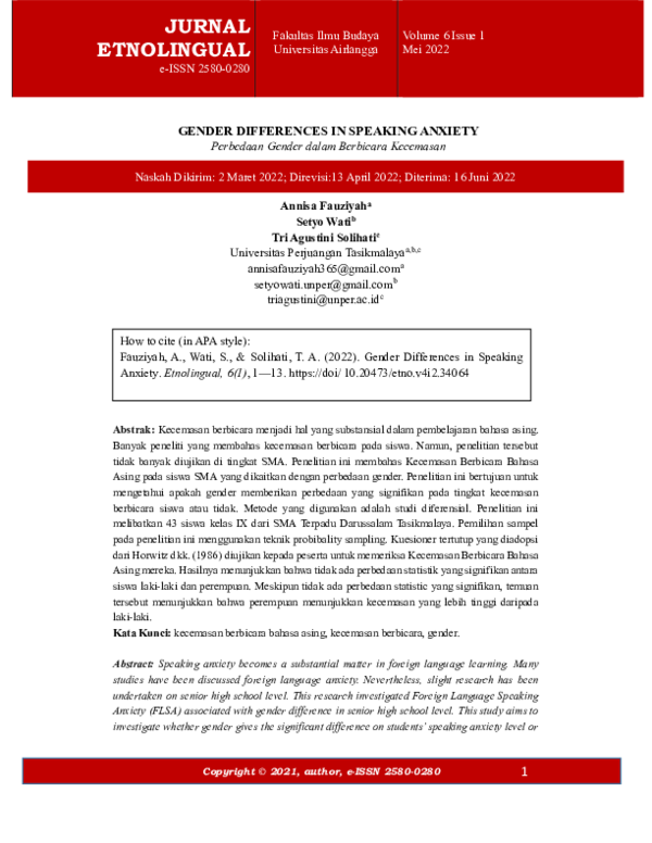 (PDF) Gender Differences in Speaking Anxiety