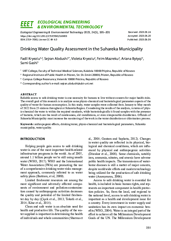 (PDF) Drinking Water Quality Assessment in the Suhareka Municipality