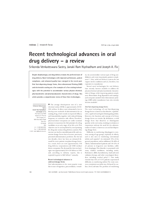 (PDF) Recent technological advances in oral drug delivery – a review