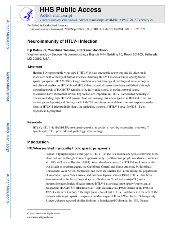 (PDF) Neuroimmunity of HTLV-I Infection | Steven Jacobson - Academia.edu